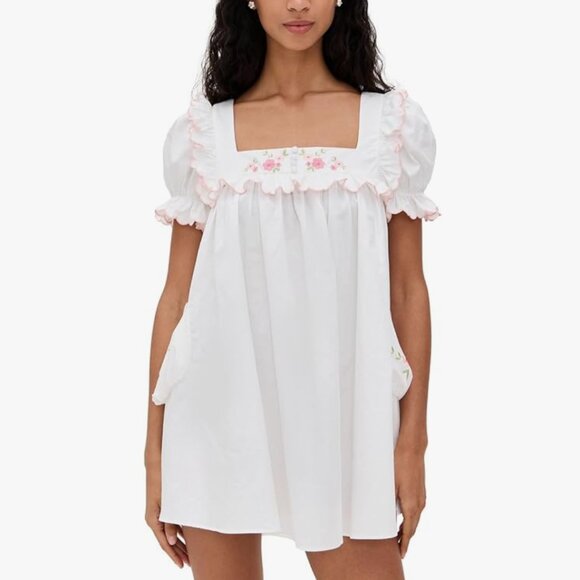 For Love and Lemons Tea Time Babydoll Cotton Mini white pink Dress size L - Picture 1 of 8